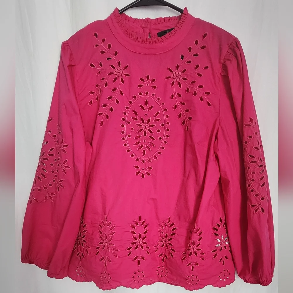 J.Crew Mockneck Cotton Eyelet Top With Cami, Size L,  Fuchsia Pink, Excellent